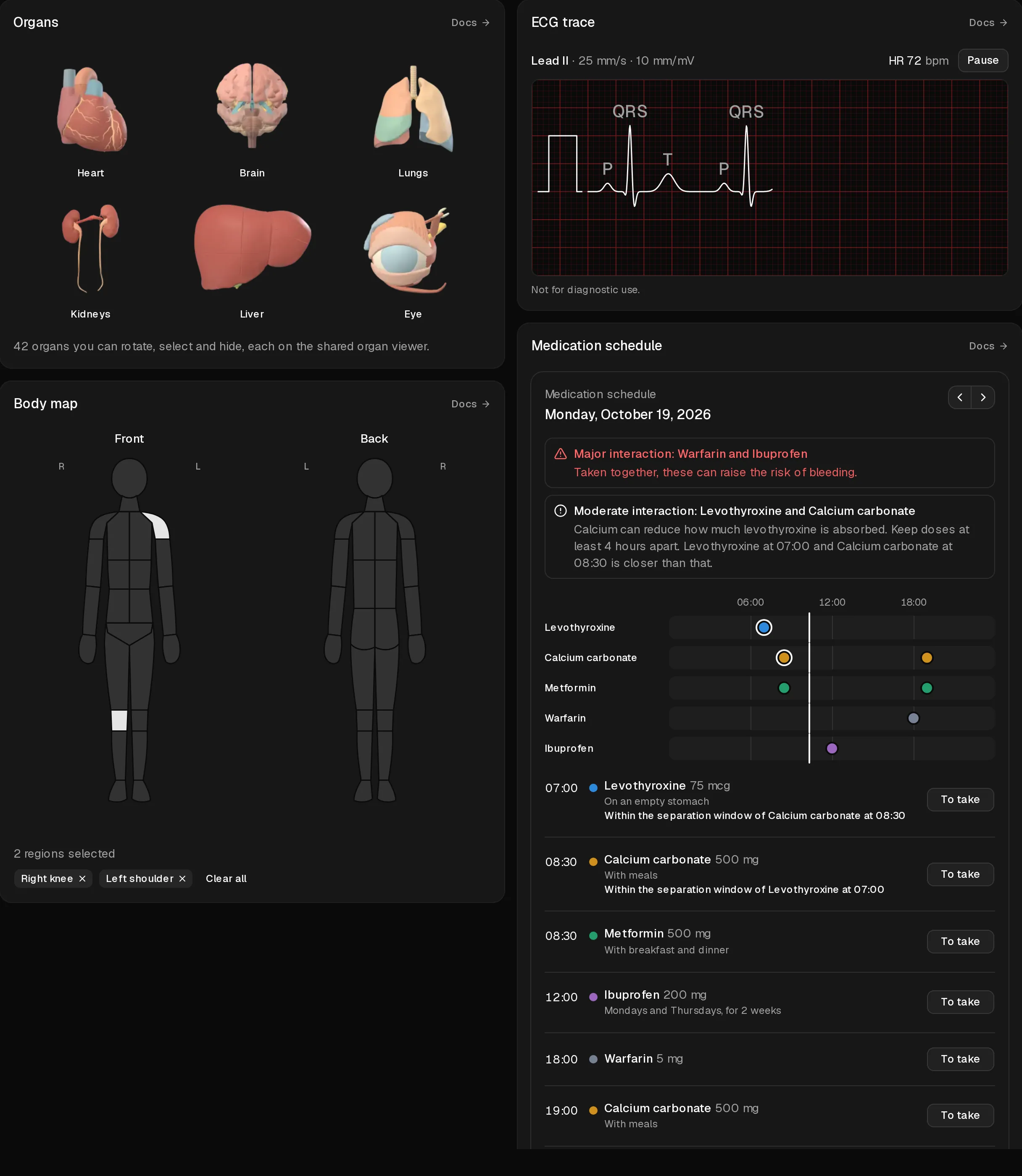 Components for anatomy, ECG and medication