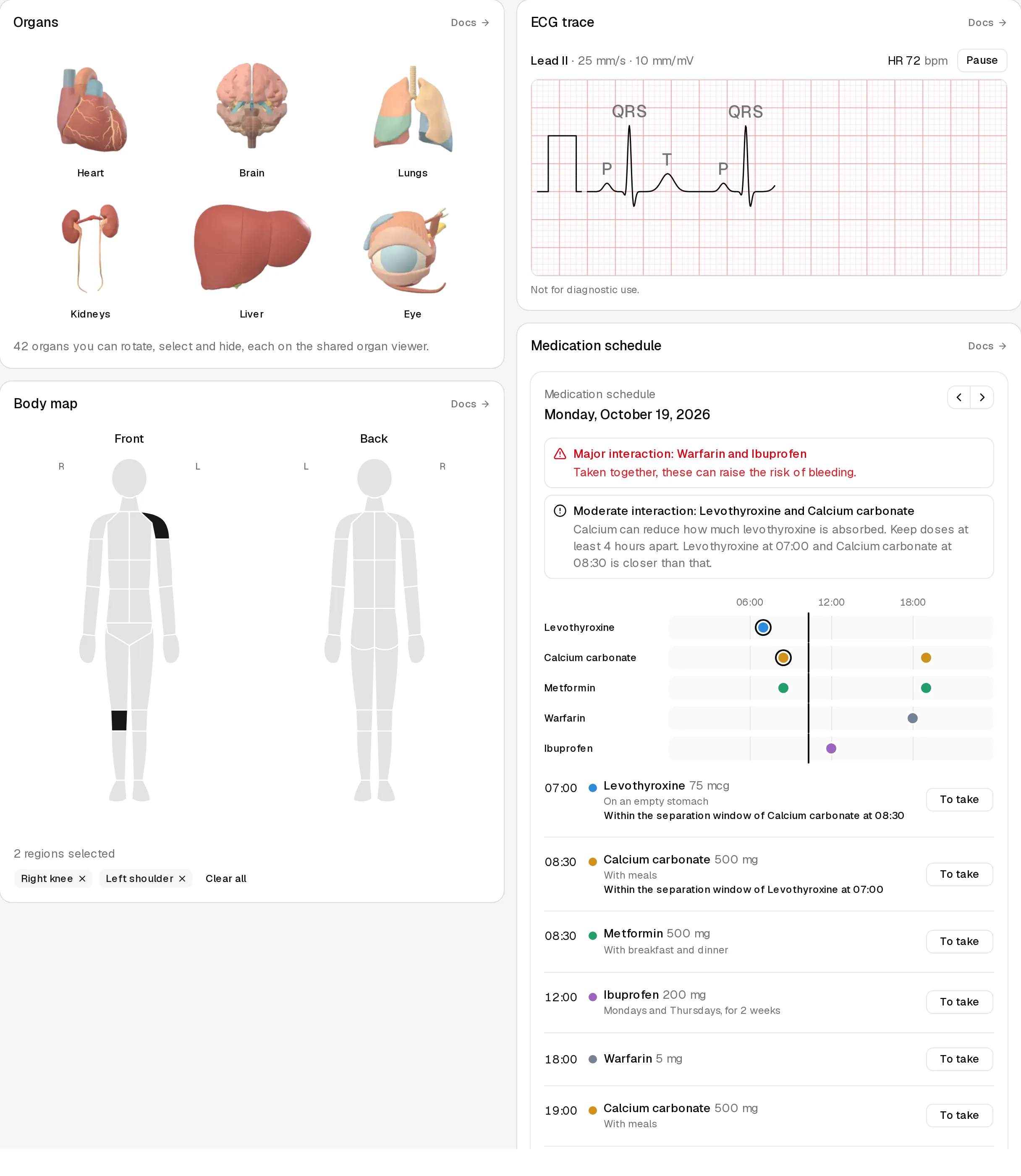 Components for anatomy, ECG and medication
